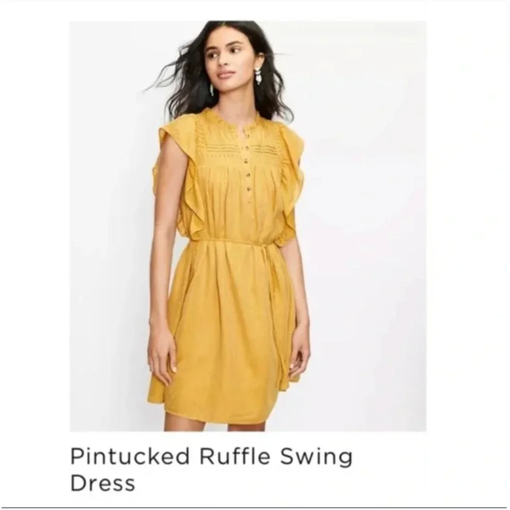 LOFT Pintucked Ruffle Swing Dress L Mustard Yellow Tie Waist Western Boho